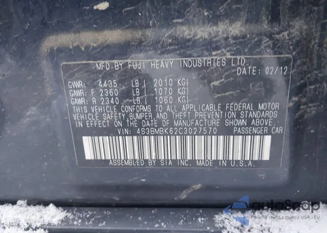 2012 Subaru Legacy 2.5I Limited z USA, uszkodzony, nr VIN 4S3BMBK62C3027570